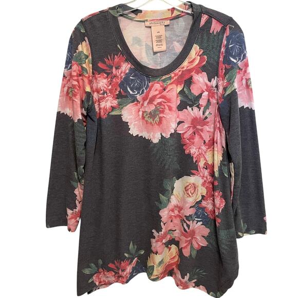 Philosophy Botanical Trellis Tunic Womens Large Gray Pink Long Floral Top - Picture 1 of 7